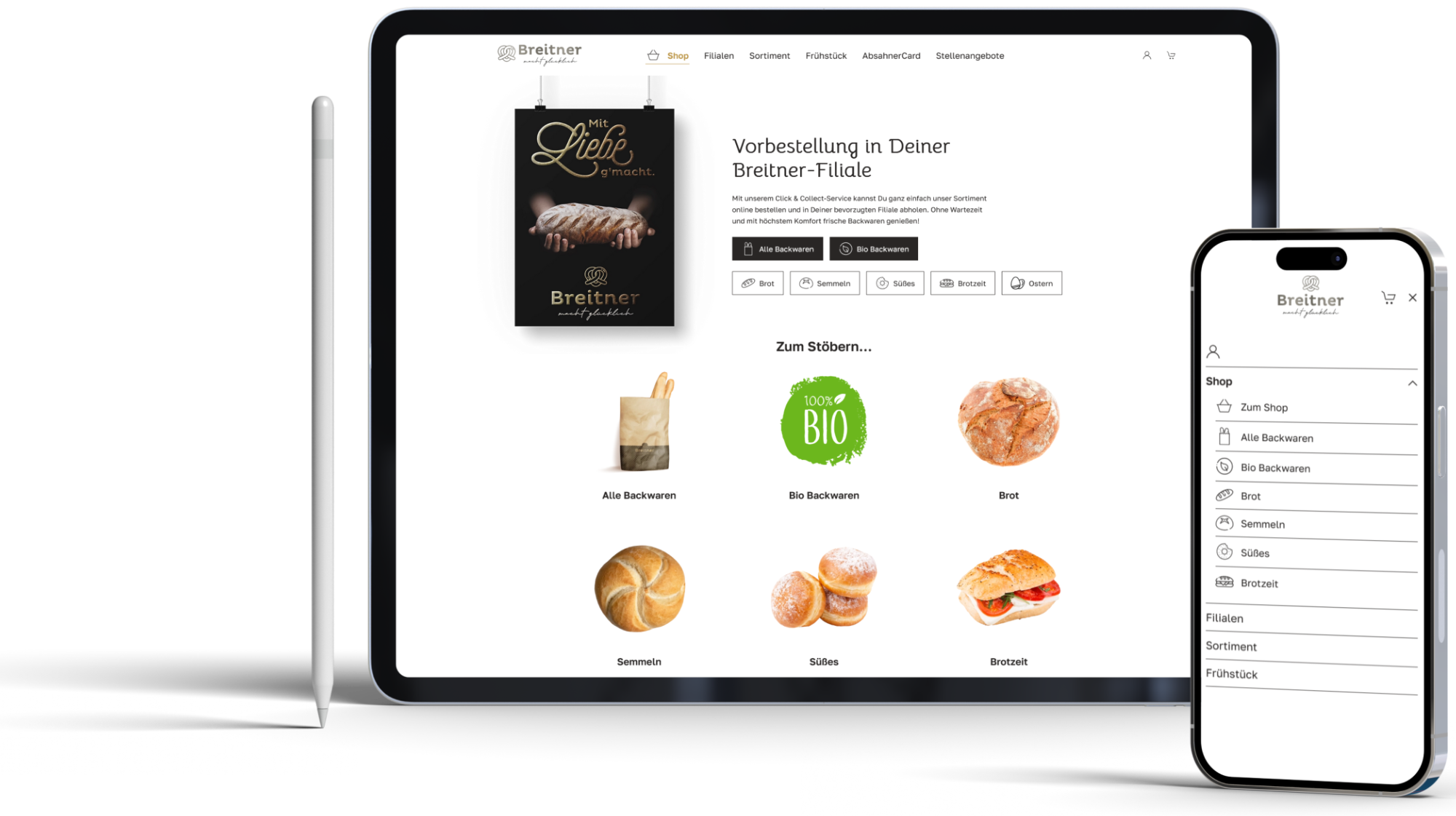 Desktop and phone mockups of the bakery shop, showing bread categories and product listings, with the desktop layout featuring a click-and-collect section.
