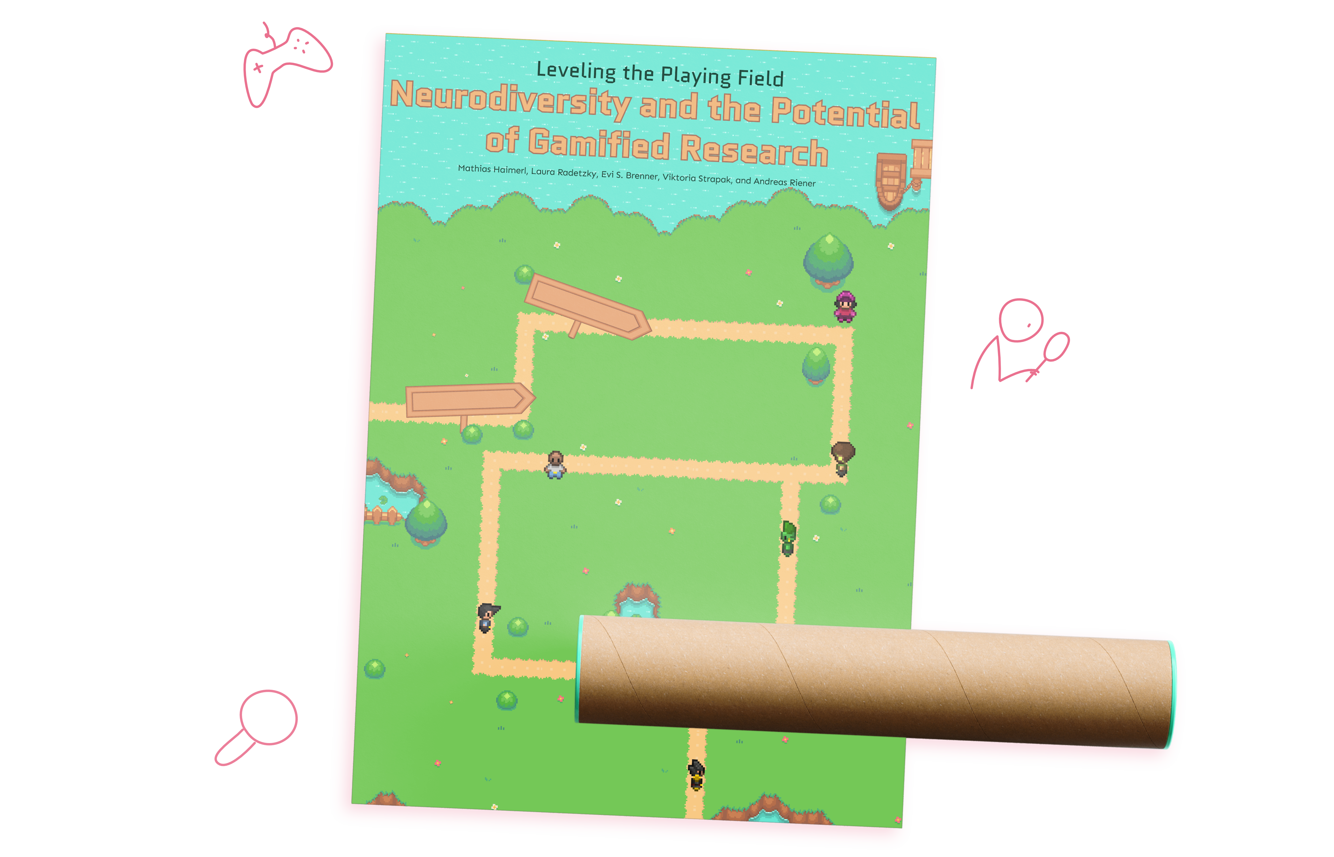 A mockup of the gamification study. It shows a simplified version of the poster of the study. Around the mockup, there are visualizations of a controller, a person holding a magnifying glass and a magnifying glass.