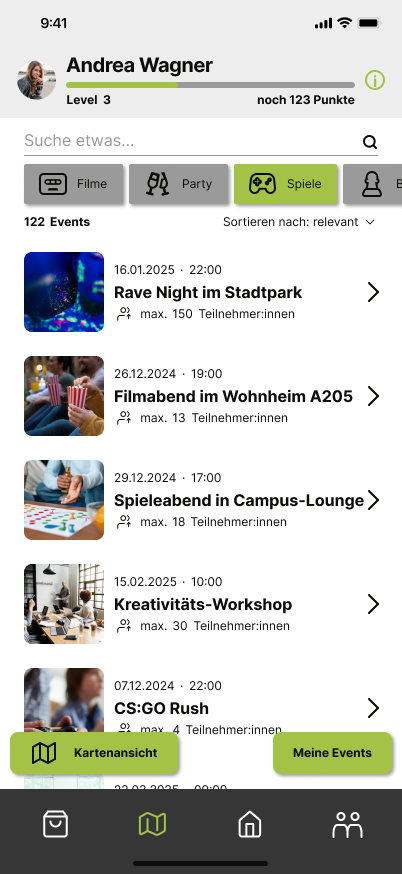 Kiwi event-list screen with category filters for films, parties, and games; a relevance sort; and cards showing event photos, dates, titles, and attendee limits.