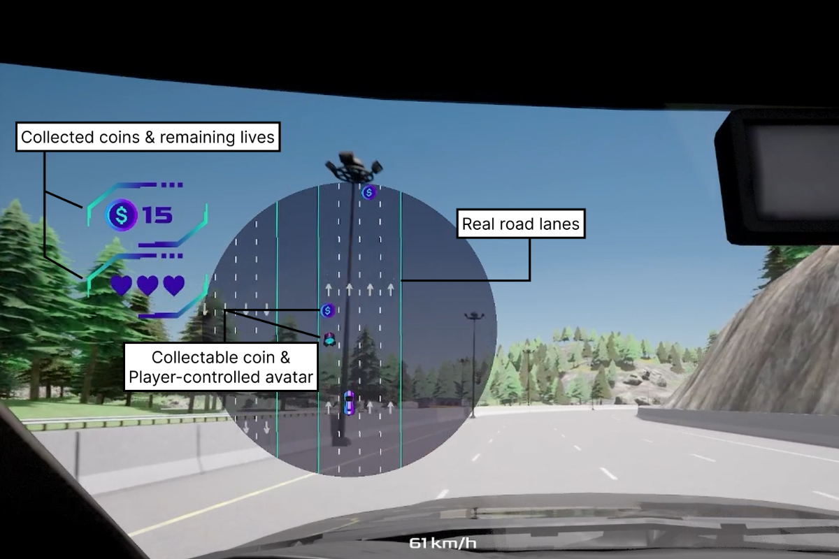 LaneRunner HUD over a simulated road, with a circular inset showing road lanes, a player-controlled avatar, a collectible coin, and counters for coins and remaining lives. The car speed is visible at the bottom.