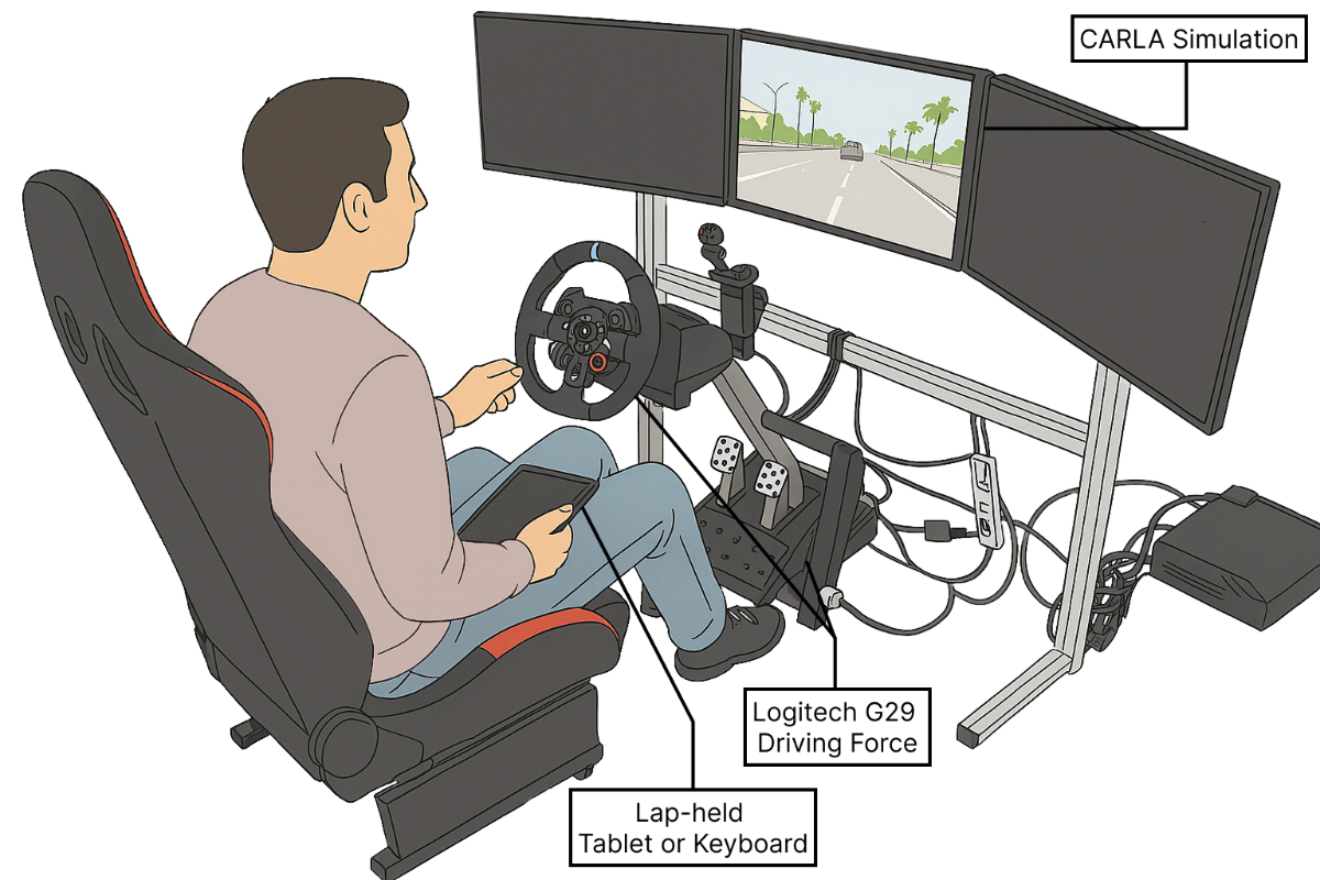 A participant using a driving simulator equipped with the Logitech G29 Driving Force, holding a tablet with a steering wheel and pedals in front of three displays showing a CARLA road scene.